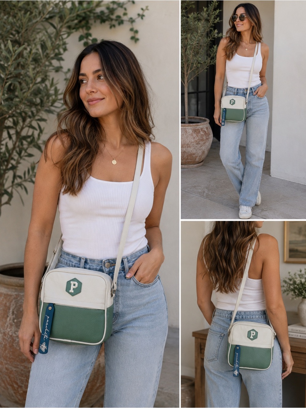 Parchita Limited Edition Bandolera Panal Cream and Green Crossbody Bag
